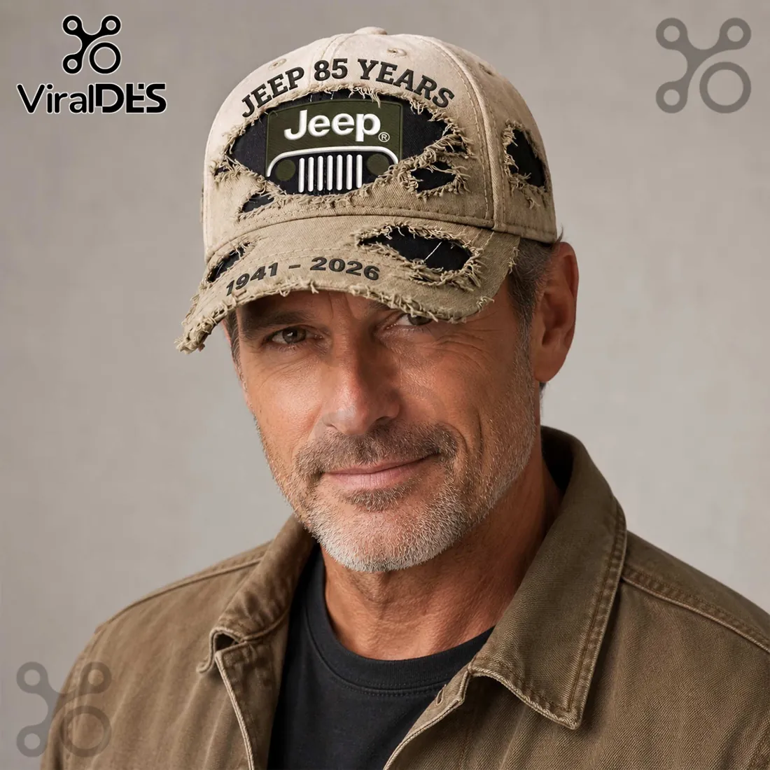 Jeep 85 Years 1941-2026 Distressed Tan Baseball Cap Jeep 85 Years 1941-2026 Distressed Tan Baseball Cap