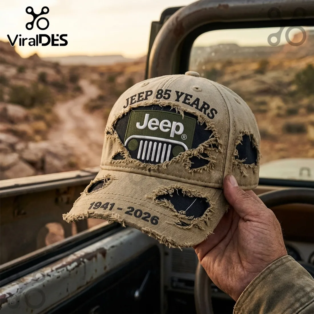 Jeep 85 Years 1941-2026 Distressed Tan Baseball Cap Jeep 85 Years 1941-2026 Distressed Tan Baseball Cap
