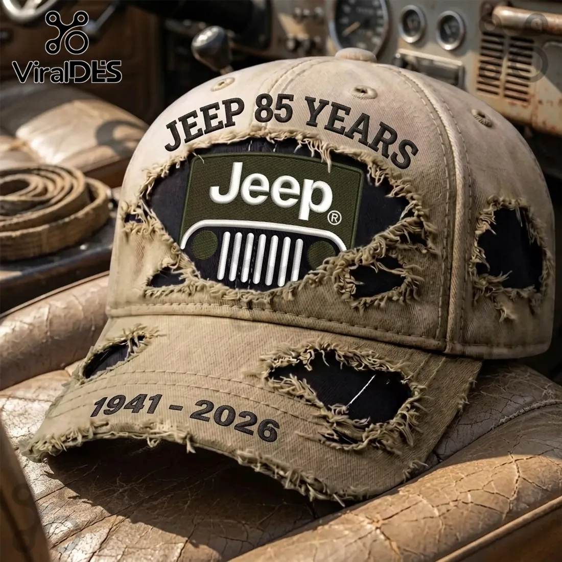Jeep 85 Years 1941-2026 Distressed Tan Baseball Cap Jeep 85 Years 1941-2026 Distressed Tan Baseball Cap