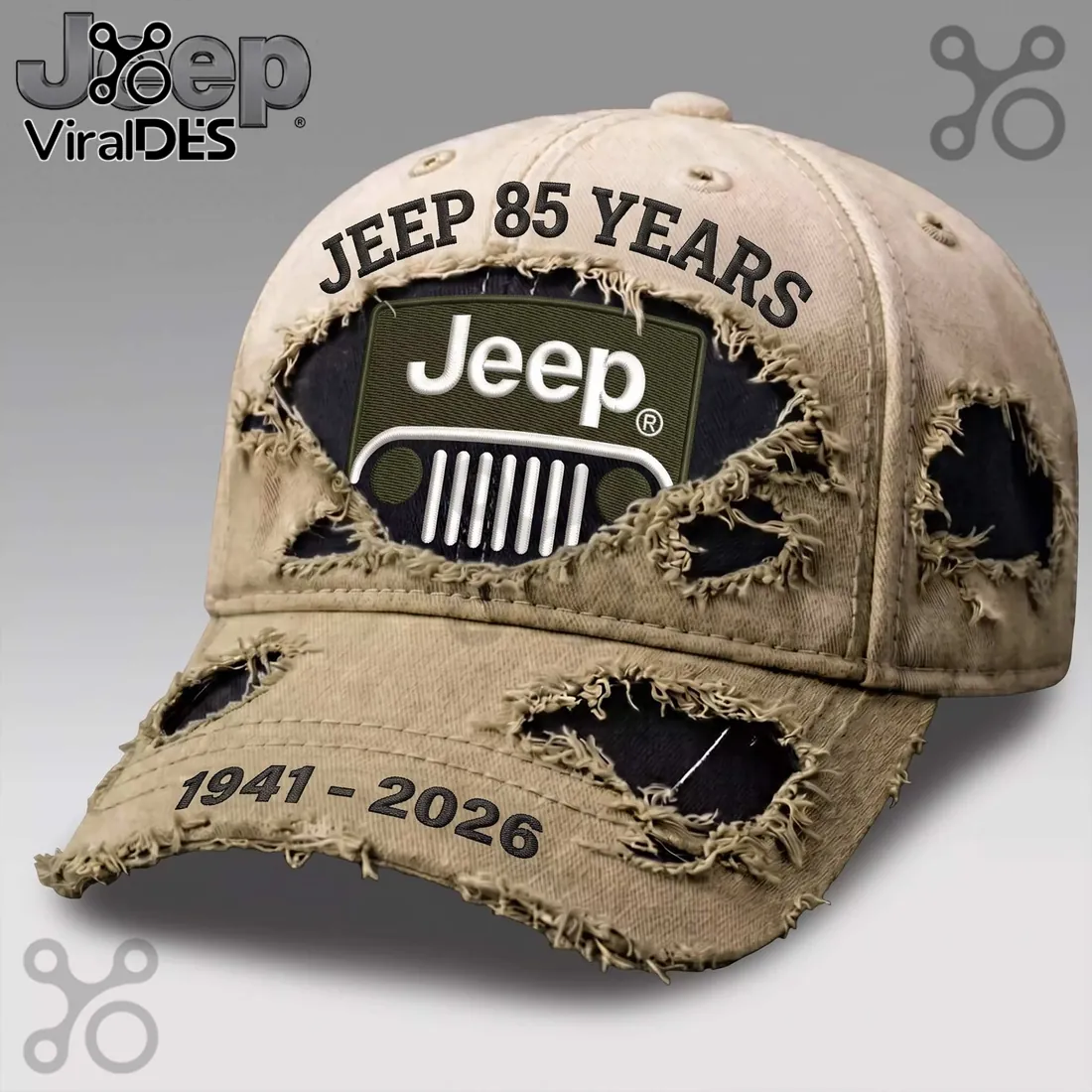 Jeep 85 Years 1941-2026 Distressed Tan Baseball Cap Jeep 85 Years 1941-2026 Distressed Tan Baseball Cap