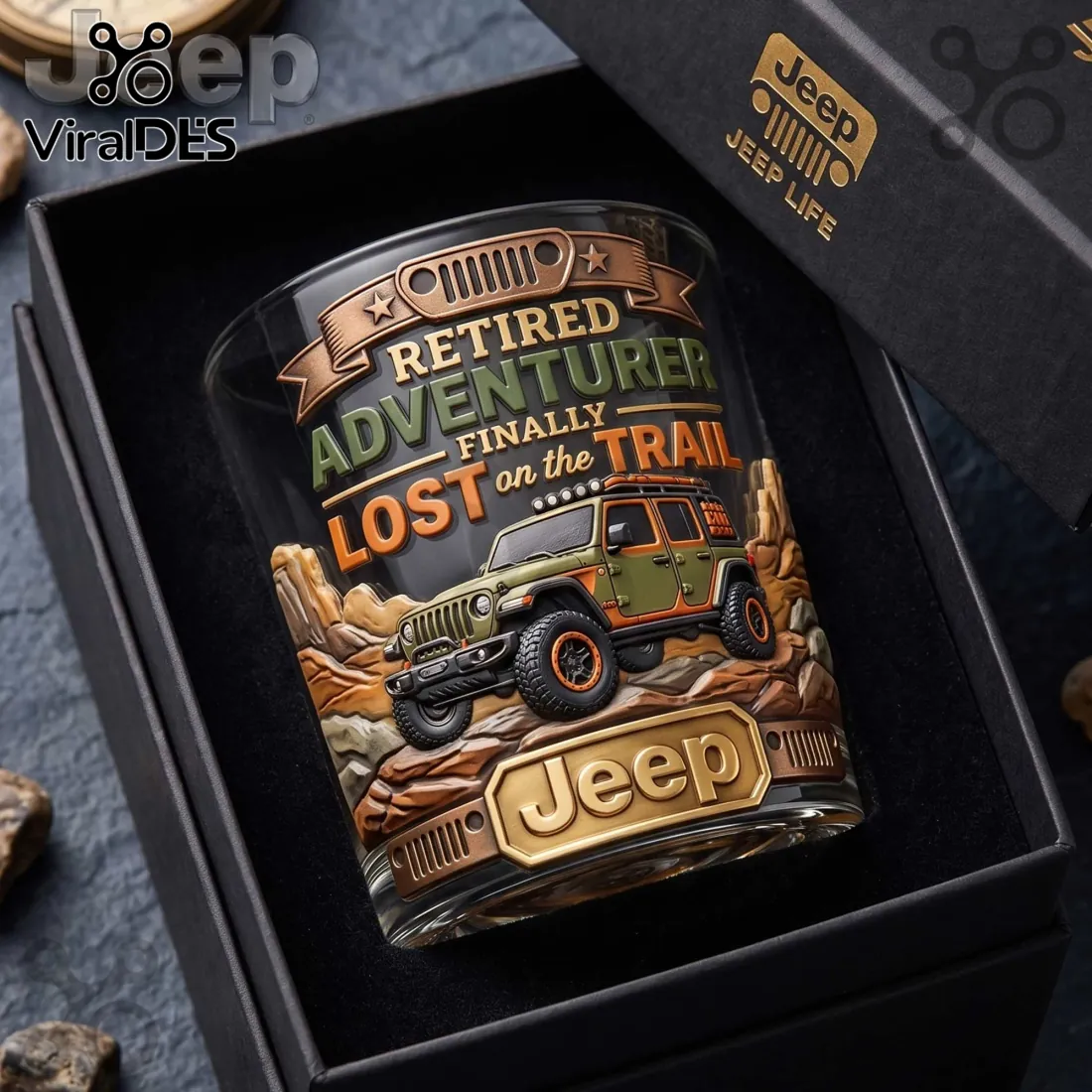 Jeep Retired Adventurer Embossed Whiskey Glass 2026 Jeep Retired Adventurer Embossed Whiskey Glass 2026