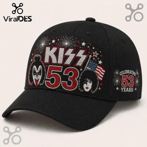 KISS Band 53 Years Anniversary black baseball cap with band member portraits, 53 text, and red-and-white firework graphics.
