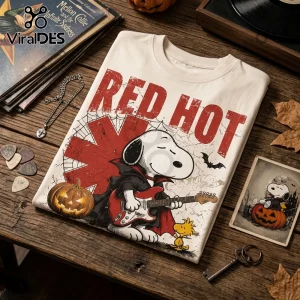Red Hot Chili Peppers Snoopy Vampire Halloween T-Shirt featuring Snoopy playing a red guitar with Woodstock.