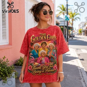 Red acid-wash t-shirt featuring The Golden Girls cast, tropical scenery, and Thank You For Being A Friend graphic text.!