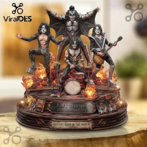 KISS Destroyer 50th Anniversary Limited Edition Acrylic Plaque featuring band members on a fiery circular stage display.