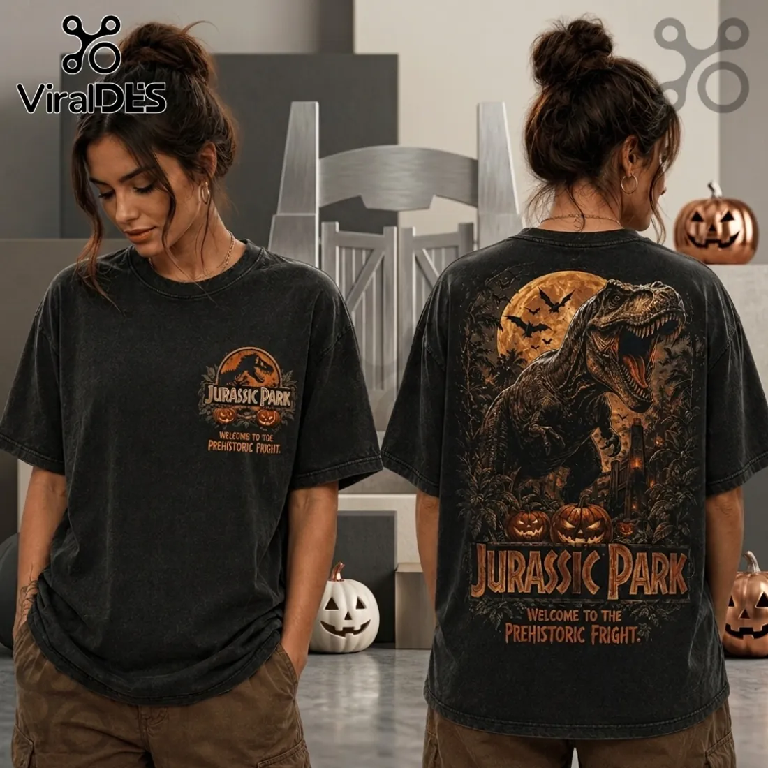 Jurassic Park Halloween T-Rex Pumpkin Black Cotton T-Shirt Jurassic Park Halloween T-Rex Pumpkin Black Cotton T-Shirt