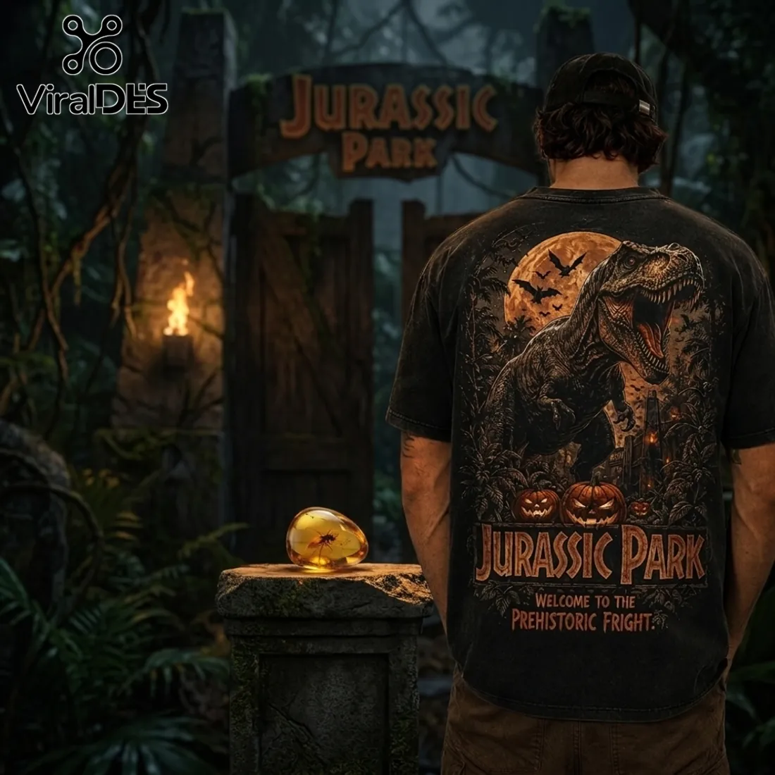 Jurassic Park Halloween T-Rex Pumpkin Black Cotton T-Shirt Jurassic Park Halloween T-Rex Pumpkin Black Cotton T-Shirt