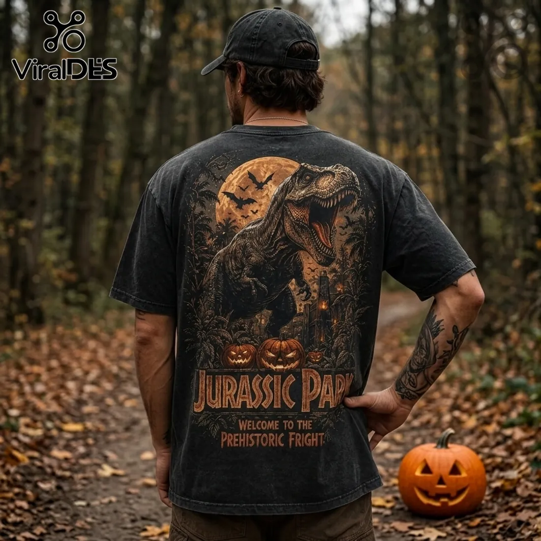 Jurassic Park Halloween T-Rex Pumpkin Black Cotton T-Shirt Jurassic Park Halloween T-Rex Pumpkin Black Cotton T-Shirt