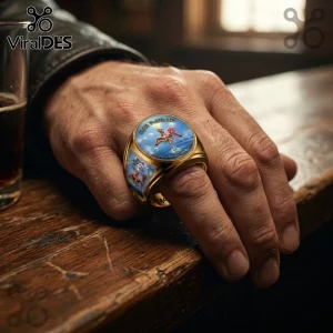 Iron Maiden Seventh Son of a Seventh Son gold engraved ring worn on a hand featuring blue enamel imagery on a bar table.
