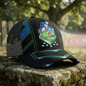 Black trucker cap with Sonic the Hedgehog graphic, Forever Fast 35th anniversary print, green diamond motif, and mesh back.!