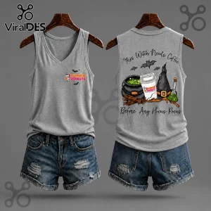 Dunkin Donuts Halloween 2026 V-Neck Tank Top in heather gray featuring a witch-themed coffee graphic and bats.