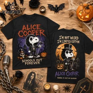 Snoopy x Alice Cooper Halloween black t-shirt featuring rock-themed Snoopy prints against a dark cemetery background.