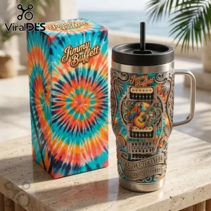 Jimmy Buffett Tie Dye YETI Handle Tumbler featuring acoustic guitar, tropical parrot, and Margaritaville graphics.
