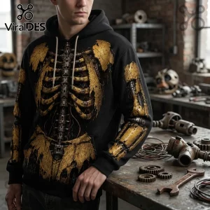Five Nights at Freddys Chica Mechanical Skeleton Hoodie featuring a yellow weathered robotic ribcage print on black fabric.