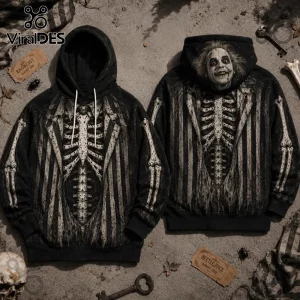 Beetlejuice Illustrated Skeleton Costume Hoodie featuring a black pinstripe suit print and rib cage graphics on fabric.