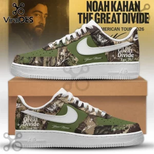 Custom Nike Air Force 1 sneakers featuring green olive panels, camo print, moth graphics, and The Great Divide Tour 26 text.!
