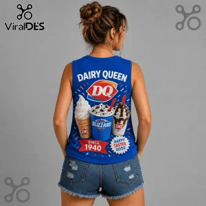 Dairy Queen Retro Since 1940 V-Neck Tank Top featuring a blue shirt with DQ logo, ice cream cones, and text graphics.