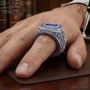 Silver Sigma fraternity ring featuring a blue stone, engraved with Sigma Man and Est 1994, worn on a finger.!