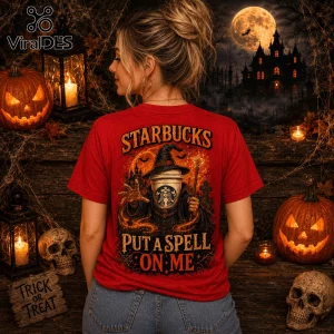 Starbucks Witch Hat Pumpkin Halloween Red T-Shirt with a coffee cup character wearing a witch hat and holding a wand.