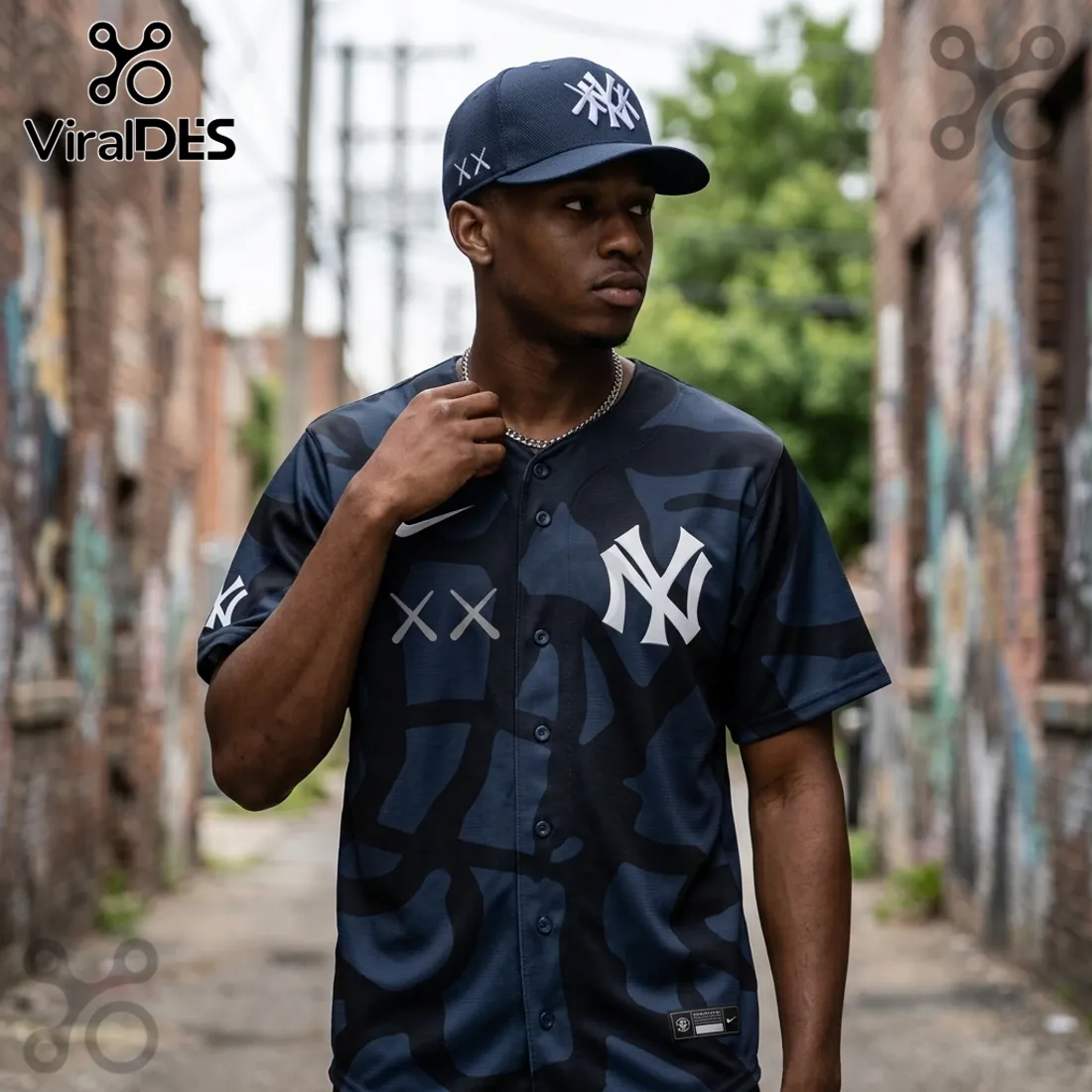 KAWS x New York Yankees Navy Blue Camo Baseball Jersey KAWS x New York Yankees Navy Blue Camo Baseball Jersey