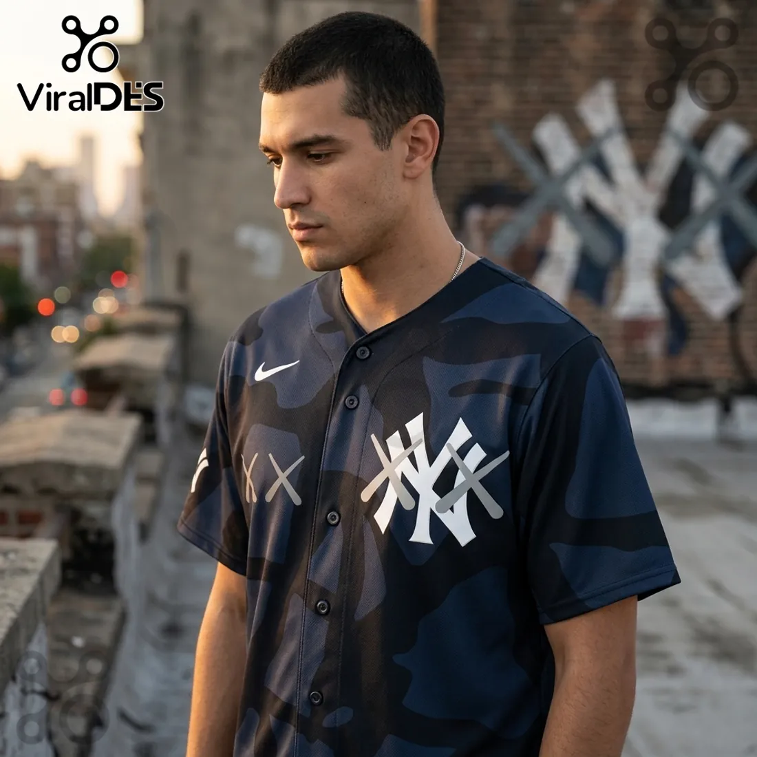 KAWS x New York Yankees Navy Blue Camo Baseball Jersey KAWS x New York Yankees Navy Blue Camo Baseball Jersey