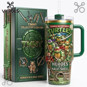 Teenage Mutant Ninja Turtles stainless steel tumbler with straw and matching green collector box featuring TMNT weapons.!