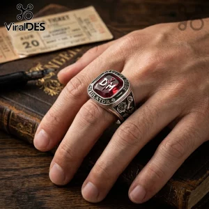 Depeche Mode Violator stainless steel ring featuring a red glass center stone and rose engravings on a human hand.