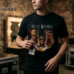 Black cotton t-shirt featuring a stylized graphic print of the R&B group Boyz II Men with smoky background accents.!