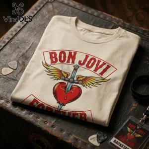Cream cotton t-shirt featuring Bon Jovi logo, winged sword, and bleeding heart graphic on a rustic wooden trunk surface.!