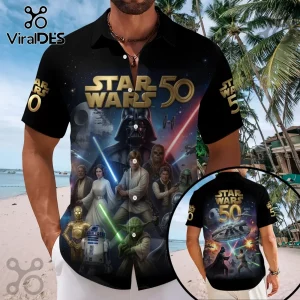 Black short-sleeve button-down shirt featuring Star Wars 50th anniversary graphics, Darth Vader, Luke, and Yoda prints.!