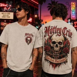 Grey mineral-wash Mötley Crüe band t-shirt with skull, rose, and iron cross graphic print on front and back.!