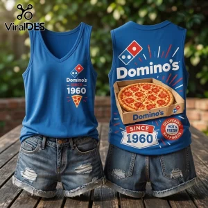 Domino's Pizza Since 1960 V-Neck Tank Top in blue featuring front logo and back graphic of a pizza in a box.