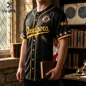 Black baseball jersey with Dodgers in gold script, OKC patch, dragon sleeve art, and red cloud pattern side panels.!