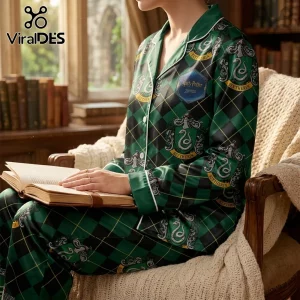 Slytherin House pajama set in green and black diamond pattern with serpent crests and Harry Potter logo on satin fabric.!