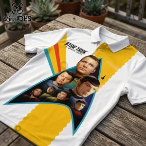White polo shirt featuring Star Trek The Original Series cast portrait graphic inside a delta badge design.!