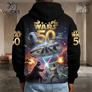 Star Wars 50th Anniversary Black Waffle Hoodie featuring a graphic print of Darth Vader and Luke Skywalker in a lightsaber duel.