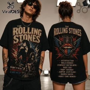 The Rolling Stones Vintage Wash Black T-Shirt with band member graphics on front and tongue logo with song list on back.