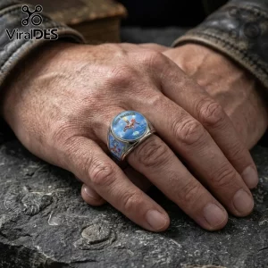 Iron Maiden Seventh Son of a Seventh Son stainless steel ring featuring circular album artwork worn on a human finger.
