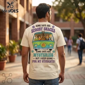 Scooby-Doo Teacher Mystery Solved beige t-shirt featuring the Mystery Machine van and cartoon cast on the back.