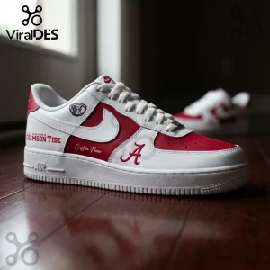 Custom Alabama Crimson Tide sneaker with white and crimson leather panels, elephant logo, and scripted team branding.!
