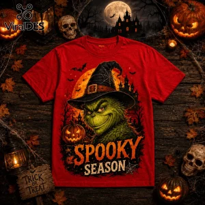 The Grinch Witch Hat Red Halloween T-Shirt featuring a green character, a black witch hat, and orange Spooky Season text.