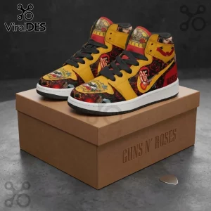 High-top sneakers featuring yellow leather panels, red floral patterns, and Guns N' Roses rock band graphic imagery.!