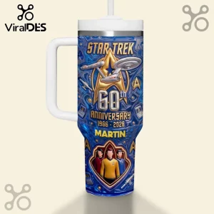 Star Trek 60th anniversary stainless steel tumbler with handle, blue abstract background, U.S.S. Enterprise, and name Martin.!