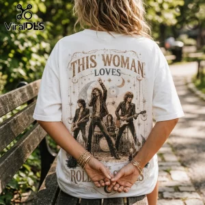 White oversized t-shirt featuring graphic art of a rock band with text This Woman Loves The Rolling Stones.!