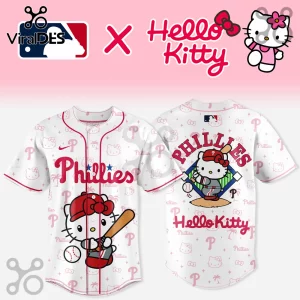 Philadelphia Phillies Hello Kitty baseball jersey with white fabric, pink patterns, and central character graphics.!