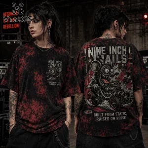 Nine Inch Nails oversized black and red tie-dye t-shirt featuring a rat driving a hot rod graphic and industrial text.!