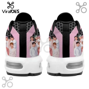 BTS x ARMY Pattern Athletic Running Shoes featuring a pink gradient background with member portraits and black mesh heels.