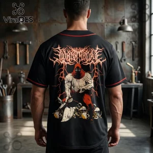 Black baseball jersey with back graphic of red-hooded executioner, battle axe, lightning, and skulls in metal font style.!