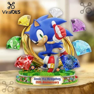 Sonic the Hedgehog 35th Anniversary statue with six colored Chaos Emeralds surrounding a golden ring on green grass base.!