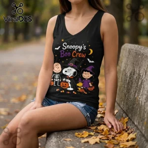 Snoopy Boo Crew Halloween 2026 V-Neck Tank Top in black featuring Snoopy, Woodstock, and Peanuts characters in costumes.